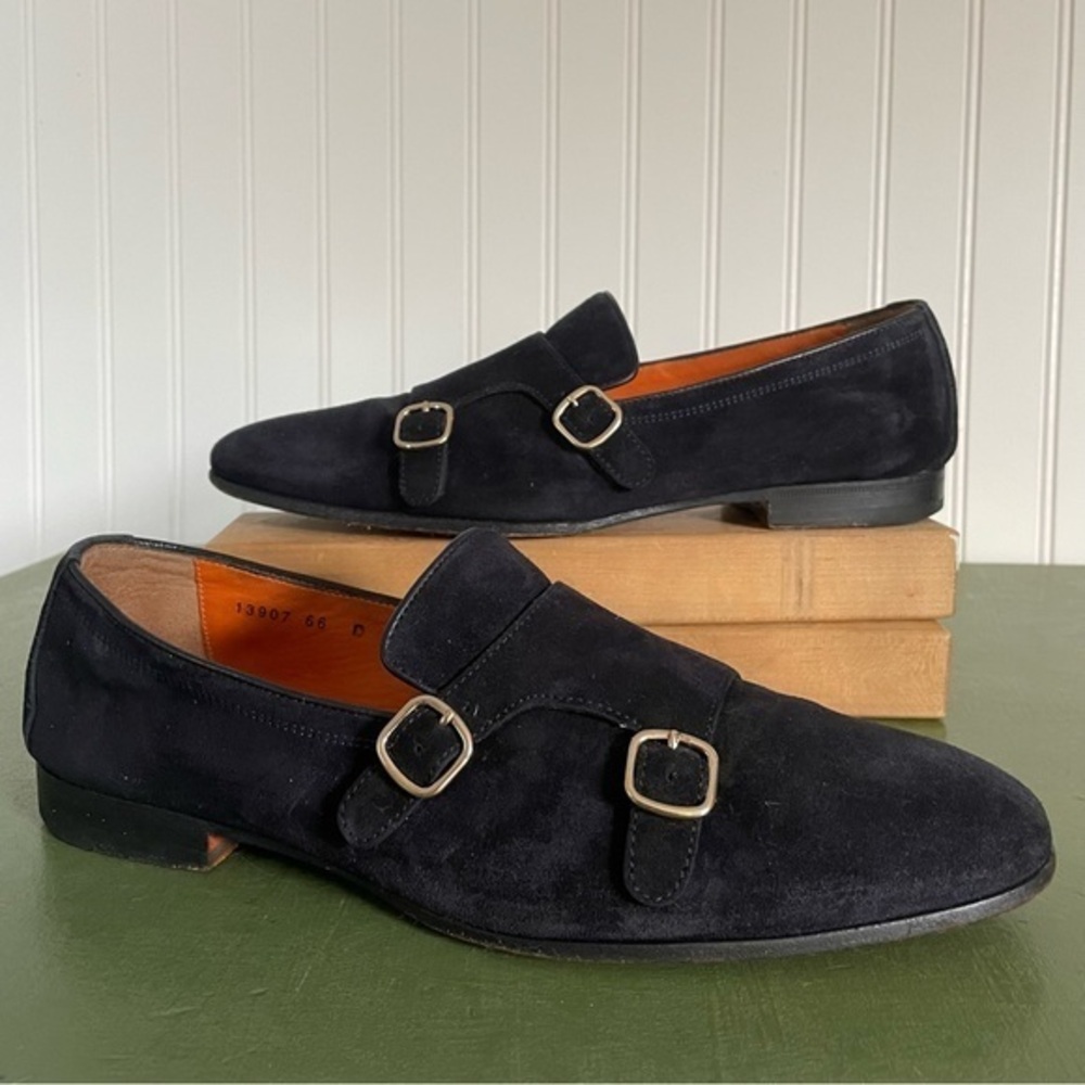 Santoni Men's Double Monk Strap Loafers in Midnight Blue Suede *Italy*
